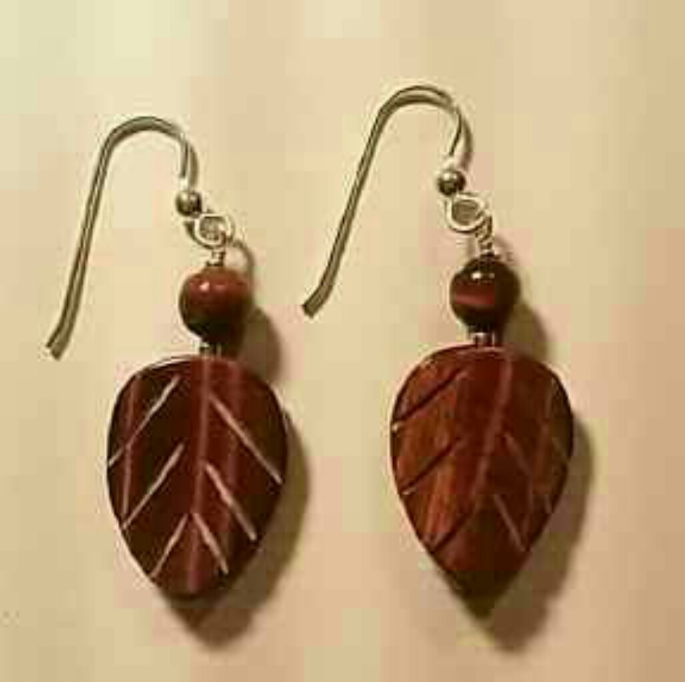 Rare Red Tiger's Eye Carved Leaf Earrings